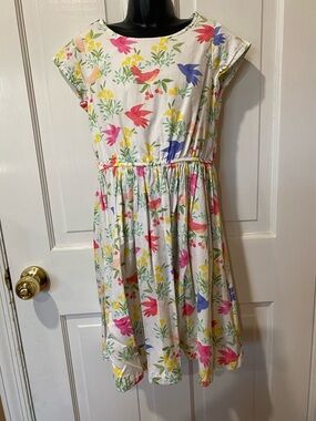 Lands' End White Dress with Pink, Blue & Yellow Bird Print